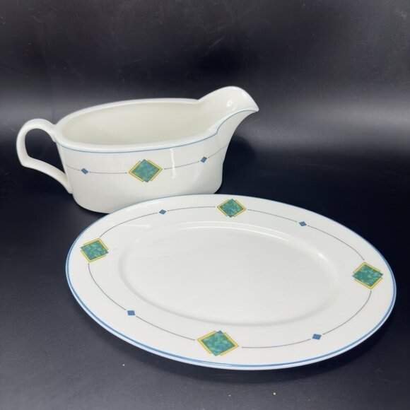 MIKASA ULTRA CERAM Gravy Boat With Underplate Gemini Porcelain Sauce Dish Japan - Picture 9 of 13